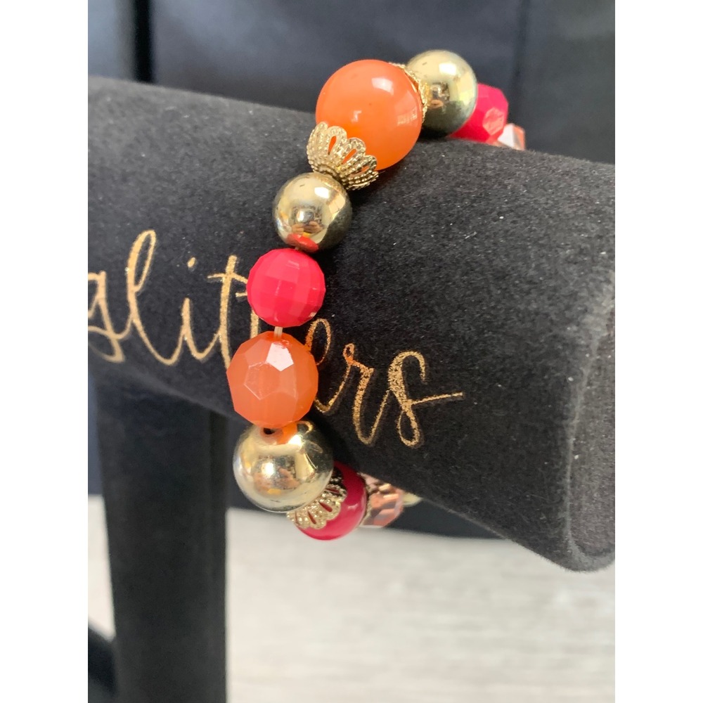 Orange‎ Pink Gold Tone Beaded Stretch Bracelet Filigree Caps Colorful Jewelry